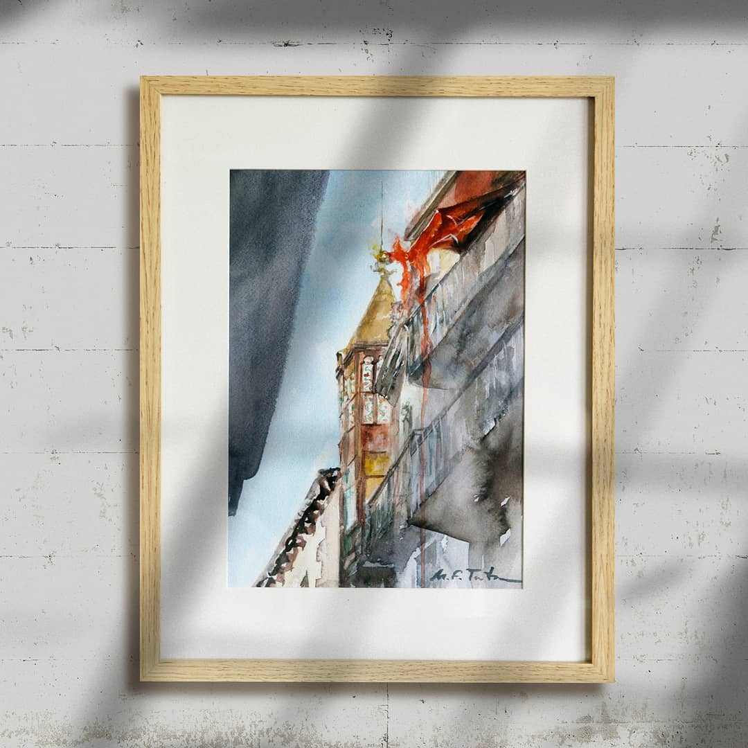 Pintura a la acuarela sobre papel 'Palacio Vertical'