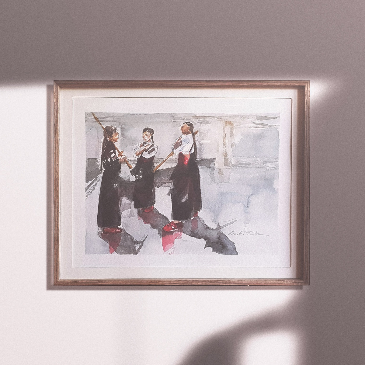 Pintura a la acuarela sobre papel 'Three in Kendo'