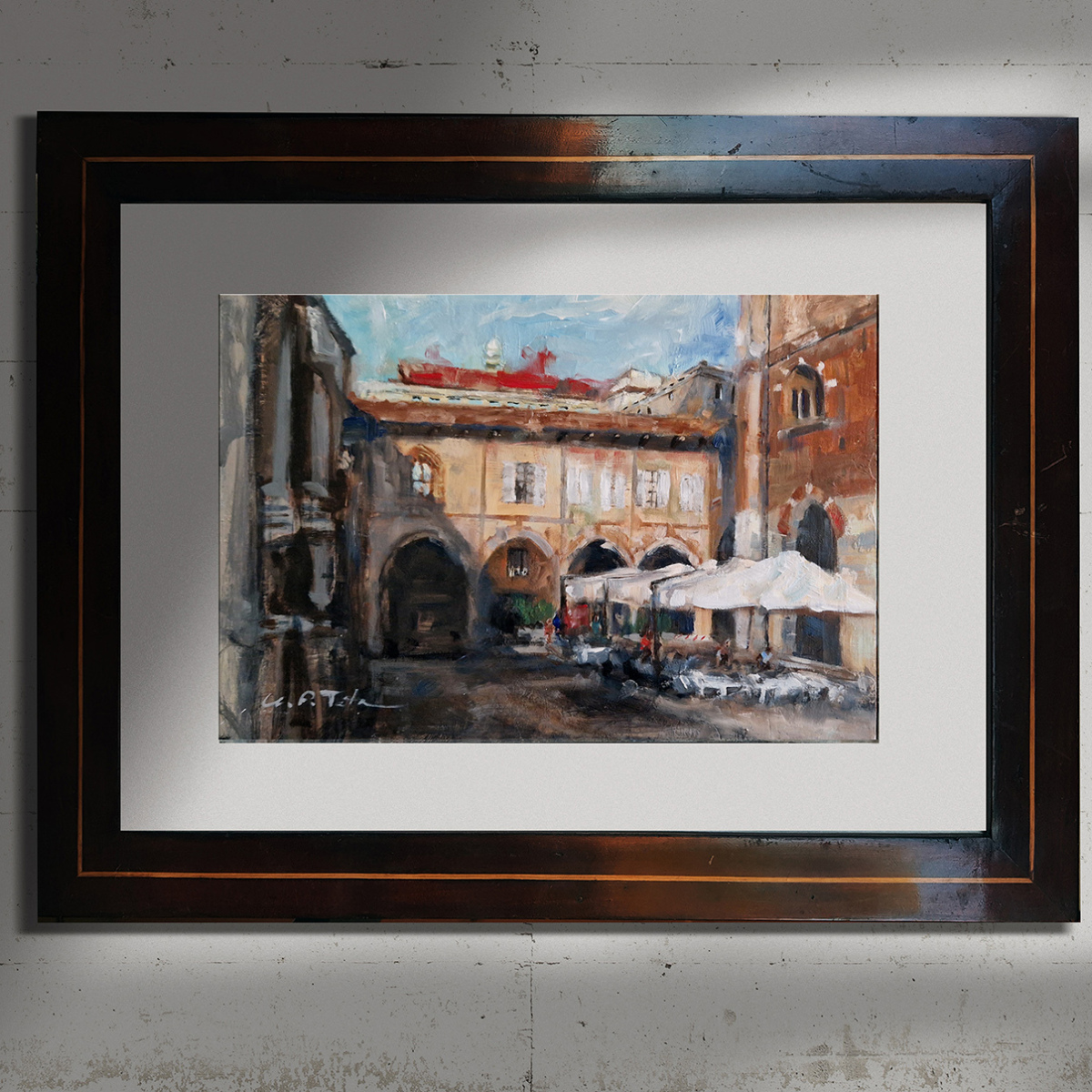 Pintura al óleo sobre tabla 'Piazza Mercanti'