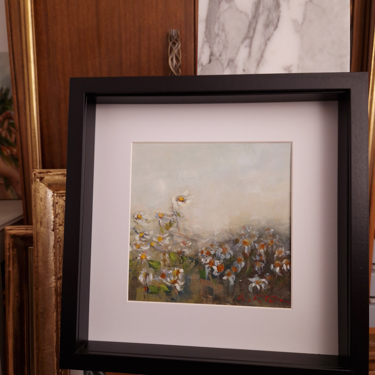 Pintura al óleo sobre tabla 'Campo salpicado de margaritas'