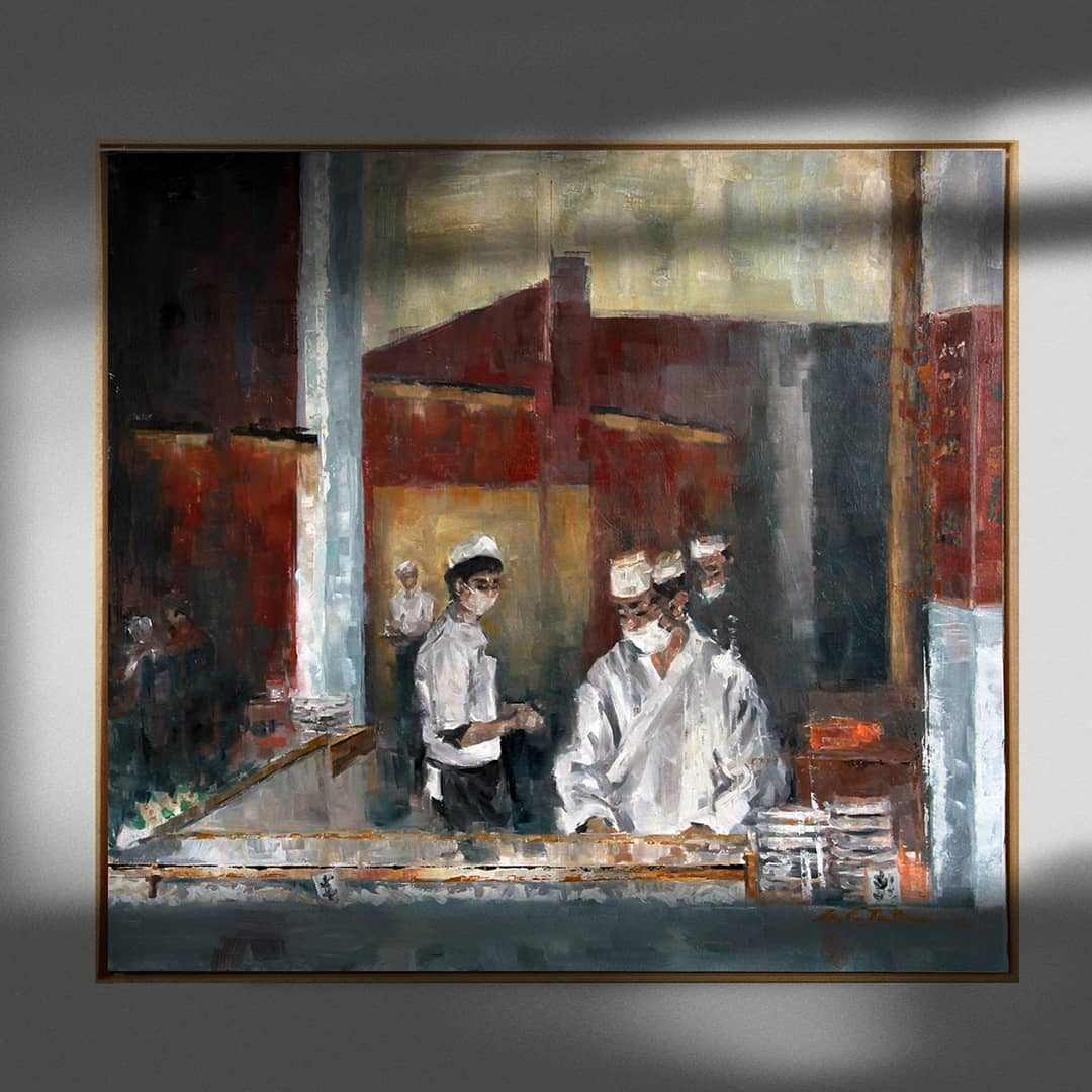 Pintura al óleo sobre tabla 'Making Sushi in Tokyo' (VENDIDA)