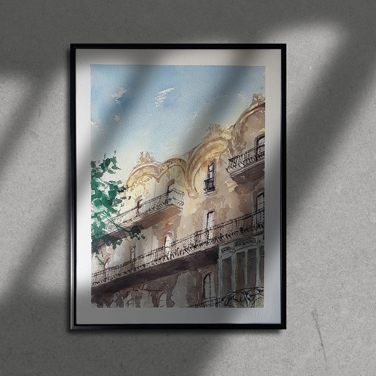 Pintura a la acuarela sobre papel 'Arquitectura Modernista'