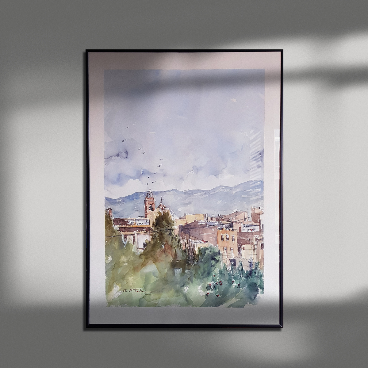 Pintura a la acuarela sobre papel 'Campanars i Tarongers'  (VENDIDA)
