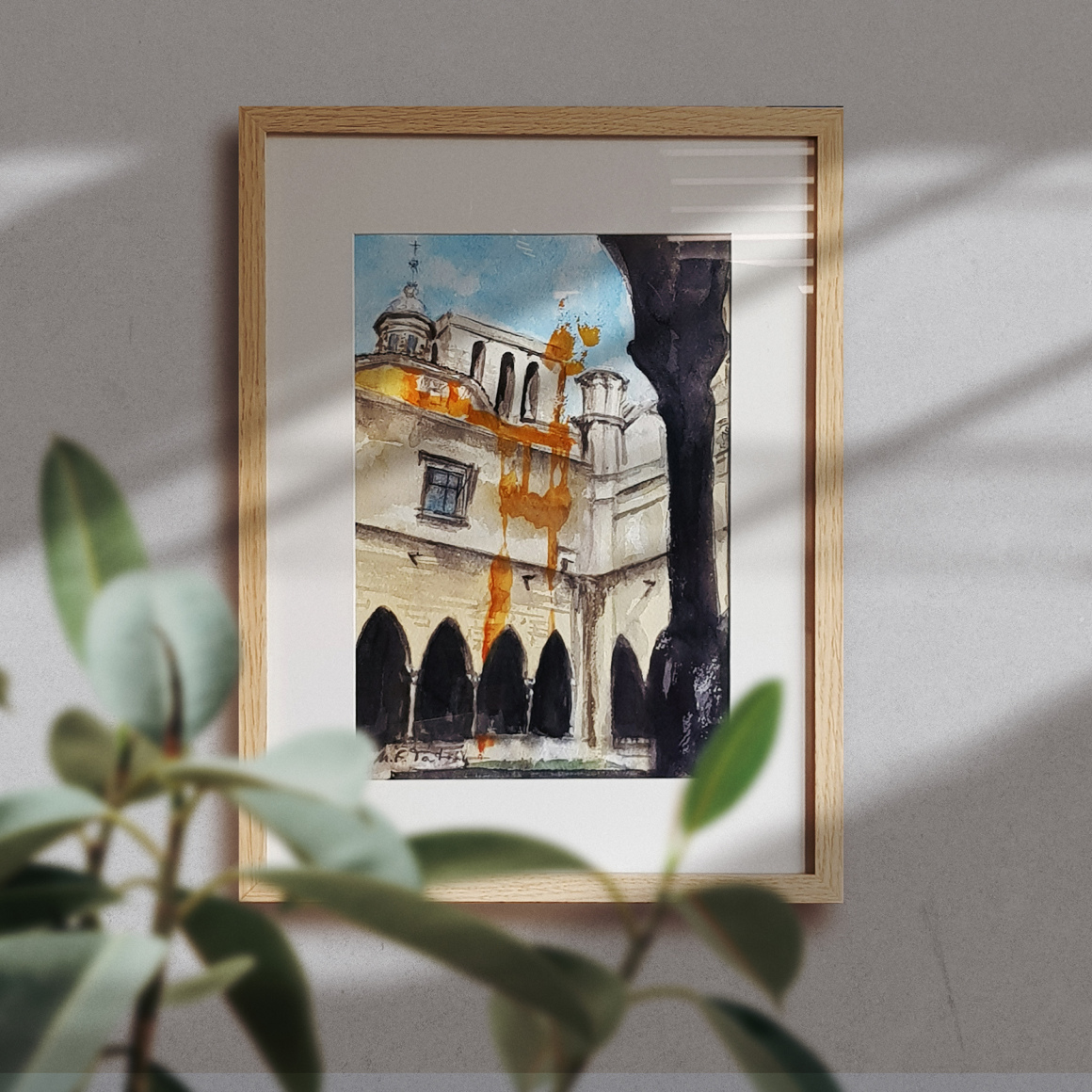Pintura a la acuarela sobre papel 'Claustro'